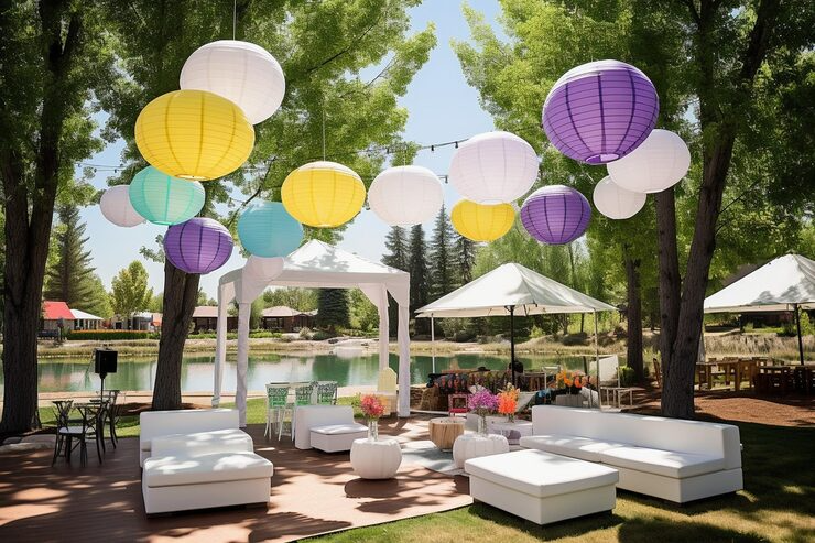 Outdoor garden party with colourful paper lanterns, white lounge furniture, and lush trees near a serene pond