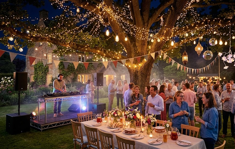 Outdoor garden party with DJ, string lights, and guests enjoying food and drinks under a beautifully lit tree