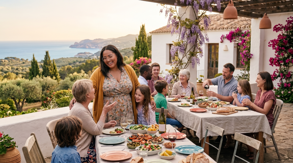 Family enjoying a meal on a family trip abroad
